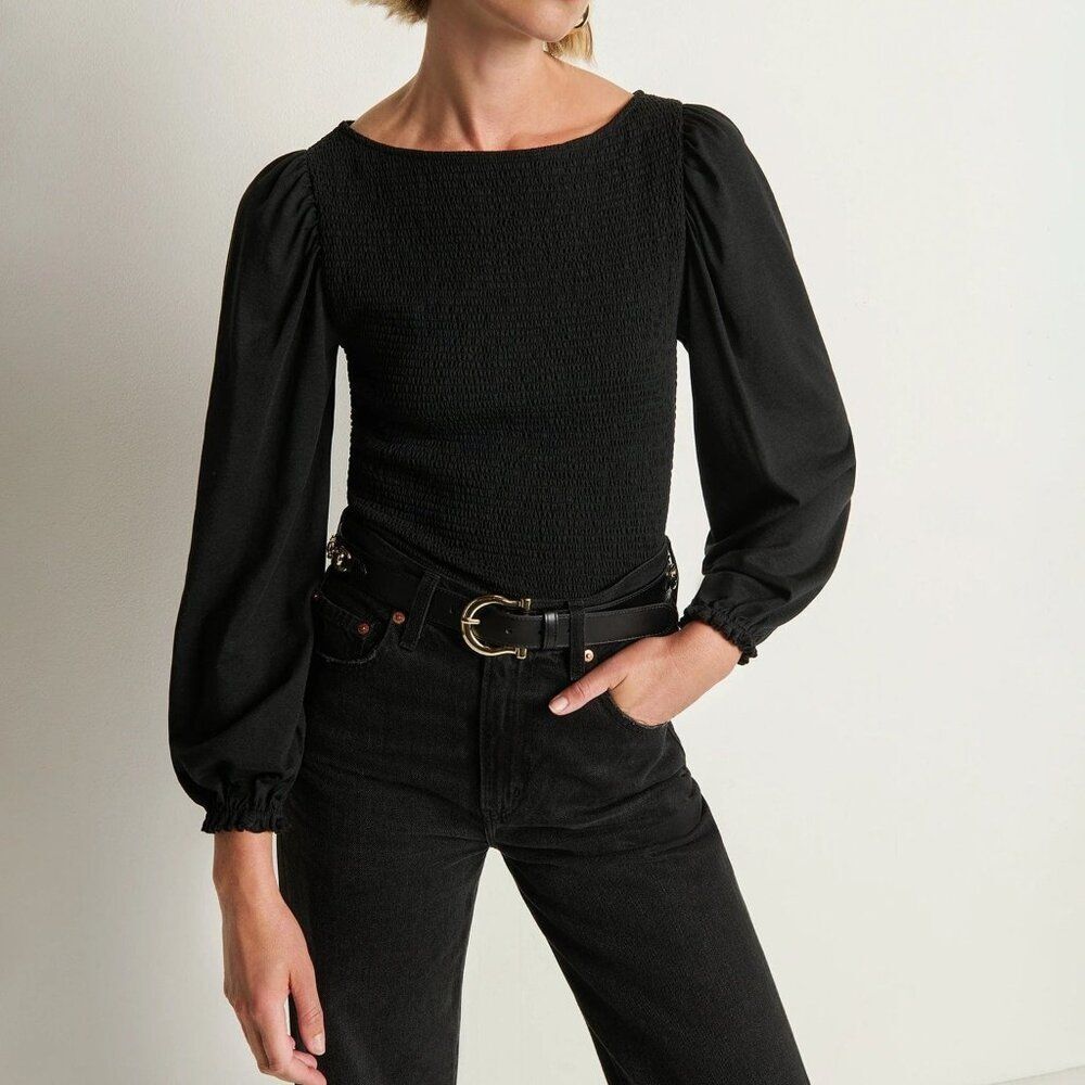 Nation LTD Aidan Smocked Blouse in Jet Black Size M NWT